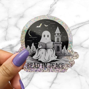 Sticker holographique scintillant Ghost RIP Read In Peace, Spooky Books pour lecteur Sticker journal BookTok pour couverture Kindle