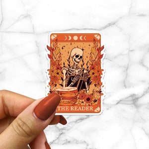 The Reader Autumn Tarot Card Sticker Spooky Books Skeleton Sticker for Reader BookTok Reading Journal Sticker for Librarian Cute Tarot Fall