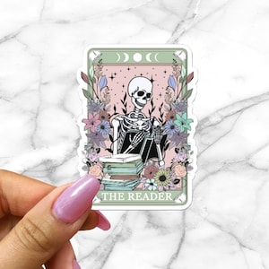 The Reader Dusty Tarot Card Sticker Spooky Books Skeleton Sticker for Reader BookTok Reading Journal Sticker Bookish Tarot Reader Cute