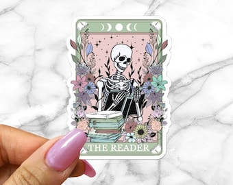 The Reader Dusty Tarot Card Sticker Spooky Books Skeleton Sticker for Reader BookTok Reading Journal Sticker Bookish Tarot Reader Cute