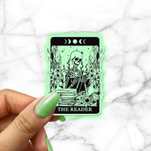 Glow in the Dark Reader Tarot Card Sticker Spooky Books Skeleton Sticker for Reader BookTok Journal Sticker for Librarian Cute Tarot