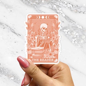 The Reader Peach Tarot Card Sticker Spooky Books Skeleton Sticker for Reader BookTok Reading Journal Sticker Bookish Tarot Reader Cute