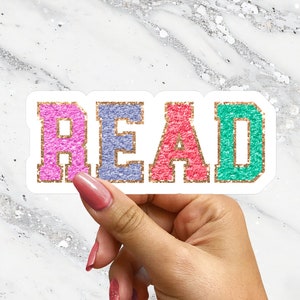 READ Chenille Sequin Pastel Cute University Retro Bookish Sticker for Reader Hydroflask Bookstagram Laptop Sticker for Bibliophile Reading