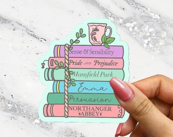 Jane Austen Bookstack Pastel Persuasion Pride and Prejudice Quote Mr Darcy Classic Literary Sticker Reading Journal Hydroflask Bibliophile