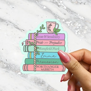 Jane Austen Bookstack Pastel Perswazja Duma i uprzedzenie Cytat Pan Darcy Klasyczna literacka naklejka Dziennik czytania Hydroflask Bibliofil