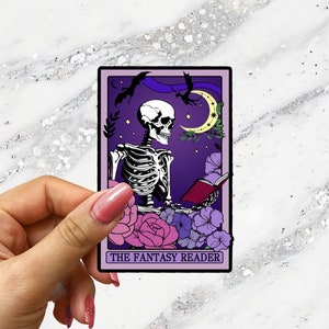 The Fantasy Reader Tarot Card Sticker Spooky Books Skeleton Sticker for Reader BookTok Reading Journal Sticker for Tarot Reader Cute