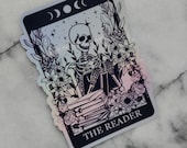 Holographic Reader Tarot Card Sticker Spooky Books Skeleton Sticker for Reader BookTok Journal Sticker for Librarian Tarot Reader Cute Tarot