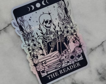 Holographic Reader Tarot Card Sticker Spooky Books Skeleton Sticker for Reader BookTok Journal Sticker for Librarian Tarot Reader Cute Tarot