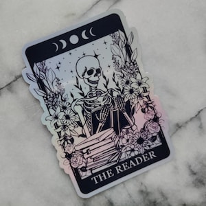 Holographic Reader Tarot Card Sticker Spooky Books Skeleton Sticker for Reader BookTok Journal Sticker for Librarian Tarot Reader Cute Tarot