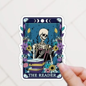 The Reader Tarot Card Sticker Spooky Books Skeleton Sticker for Reader BookTok Reading Journal Sticker for Librarian Tarot Reader Cute Tarot