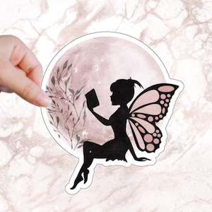 Pink Lunar Fairy Reading Fae Moon Sticker for Bibliophiles Fantasy Sticker Girly Bookish Sticker Cute Nerdy Gift Under 5 for Reader Friend image 1