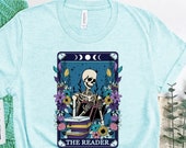 The Reader Tarot Card Unisex Jersey Short Sleeve Tee Witch Librarian Bookstagram Halloween Book Club Shirt Spooky Skeleton Cute Pastel Goth