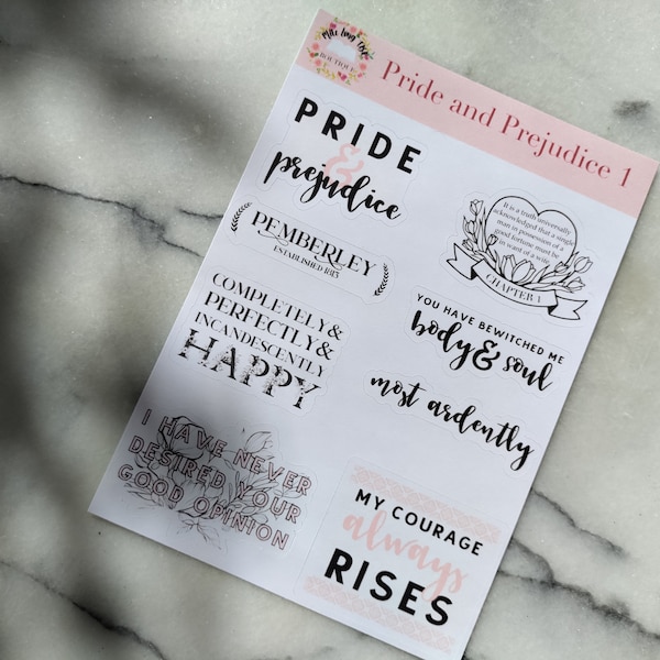 Pride and Prejudice Quote Paper Sticker Sheet Set for Reading Journal Bookish Planner Stickers Jane Austen Lizzy Bennett Darcy Most Ardently