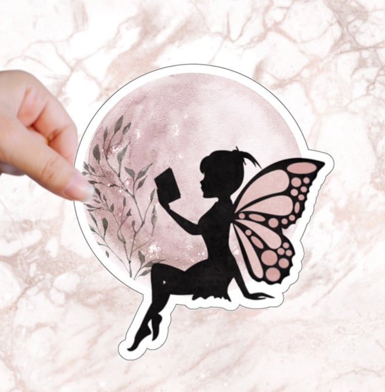 Pink Lunar Fairy Reading Fae Moon Sticker for Bibliophiles Fantasy Sticker Girly Bookish Sticker Cute Nerdy Gift Under 5 for Reader Friend image 1