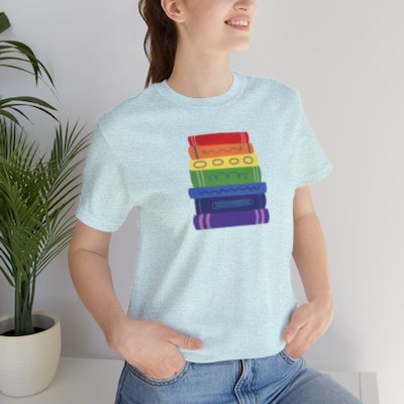 Subtle Pride Bookstack Tshirt for Reader Pride Month Read Banned Queer Books Librarian Tee Heather Prism Ice Blue