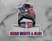 Read White and Blue Bookish Patriotic Sticker for Reading Journal Planner July 4, Labor Day Cute Funny Summer Bookish Sticker Book Cart