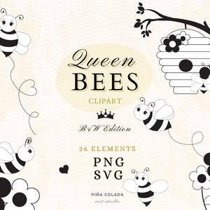 Bijen clipart-koningin, kronen, bloemen, honingbij, baby, meisje, kinderkamer, DIY, png, SVG.