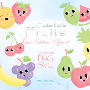 Clipart de frutas - rostos sorridentes, maçã, cerejas, abacaxi, morango, uva, melancia, pêra, banana, laranja, limão. FAÇA VOCÊ MESMO. PNG. SVG.