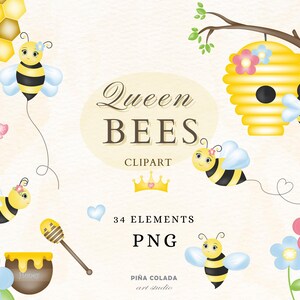 Bijen clipart-koningin, kronen, strikken, bloemen, honingkorf, honingraatpatroon, baby, meisje, doe-het-zelf. png-bestand.