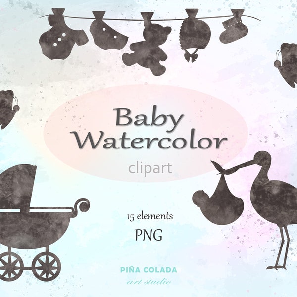 Baby Watercolor Clipart - Silhouettes, Baby Shower, Nursery, Stroller, Stork, Clothes, DIY, Digital, PNG