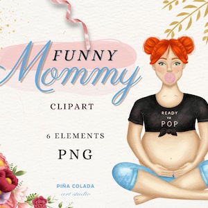 Futura mamá Clipart: lista para nacer, embarazada, anuncio de embarazo, madre, maternidad, recién nacido, bebé, baby shower, flores, bricolaje, PNG.