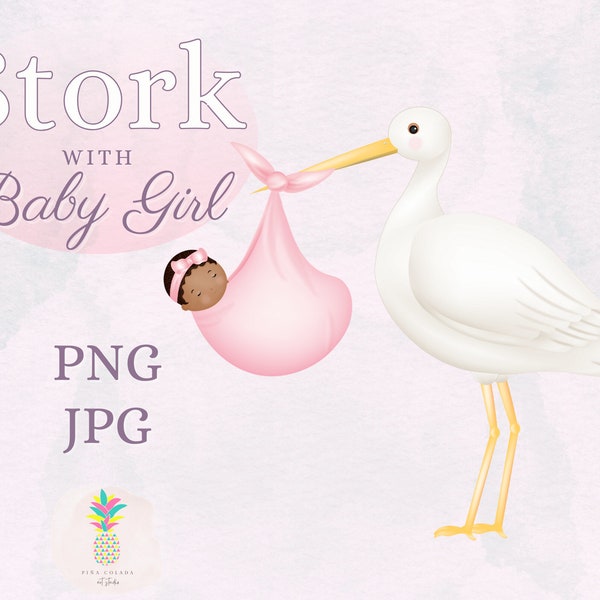 Stork with Black Baby Girl Clipart - Baby Shower, DIY, Digital, PNG