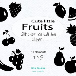Clipart de frutas - silhuetas, maçã, cerejas, abacaxi, morango, uva, melancia, pêra, banana, laranja, limão. FAÇA VOCÊ MESMO. PNG.