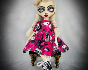 Whimsical goth girl art doll, handmade cloth doll
