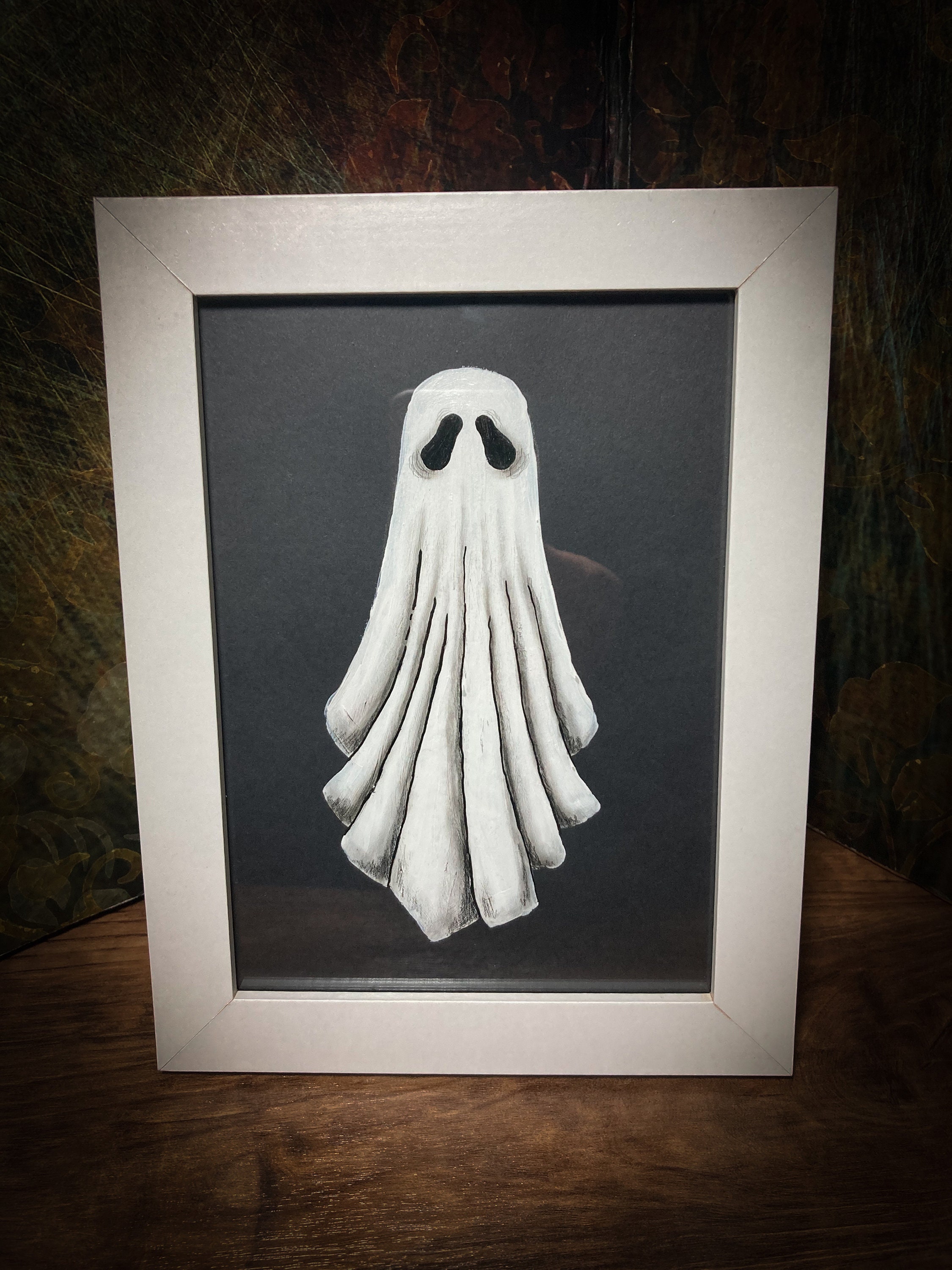 Ghost painting in white frame, ghoul, spirit, spooky art, Halloween, ghostly, unique art
