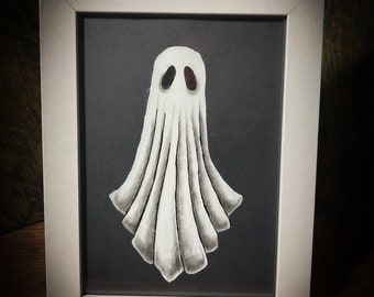 Ghost painting in white frame, ghoul, spirit, spooky art, Halloween, ghostly, unique art