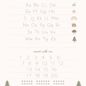 May include: A beige educational poster with the text "learn your letters" and "count with me." The poster features the alphabet, numbers 1-20, and illustrations of a leaf, star, rainbow, house, mushroom, and trees.