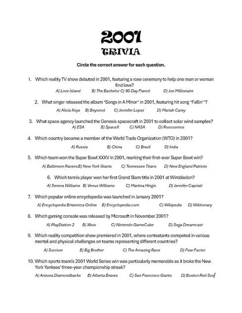 2001 Trivia Printable Game: 24th Birthday! Fun Quiz for Party - Etsy