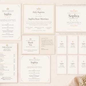 May include: A collection of baptism stationery in cream and beige tones. The set includes invitations, certificates, order of service, and thank you cards. The name "Sophia" is featured prominently on several pieces, along with decorative floral accents.