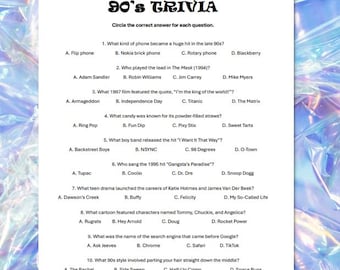 90s Trivia Game: Printable Birthday Party Quiz (Instant Download, PDF)