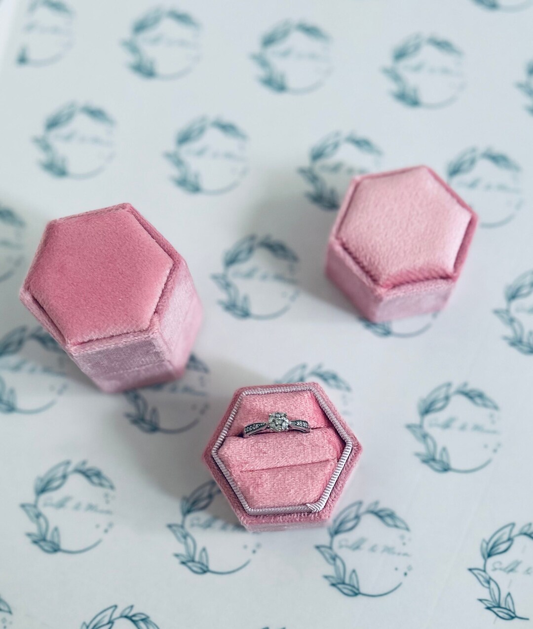 Baby Pink Velvet Luxury Hexagon Ring Box, Double Ring Box Engagement ...