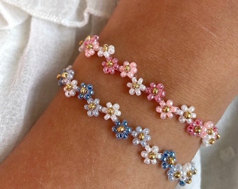 Bracciale floreale in rosa, blu e bianco | Motivo floreale Zig Zag | Braccialetti con perline di vetro | Bracciale margherita