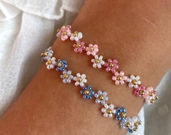 Flower Bracelet in Pink, Blue White Zigzag Floral Pattern