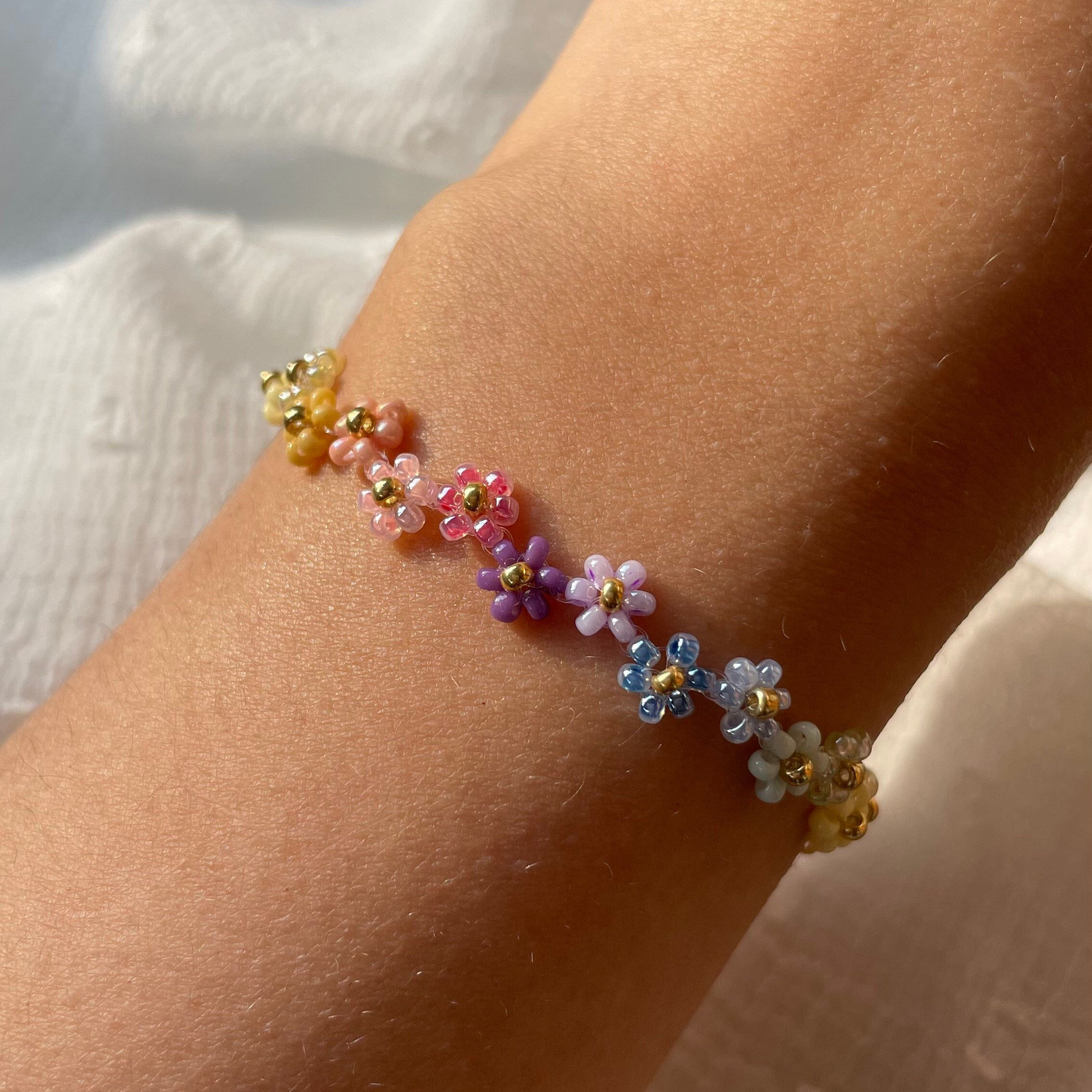 Flower Bracelet in Pink, Blue & White Zig Zag Floral Pattern