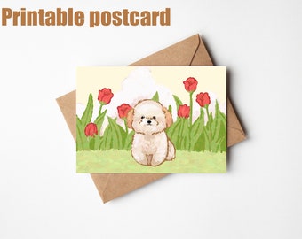 Carte postale numérique 5 x 7, carte illustrée, téléchargement numérique, carte postale de personnage, illustration d'animal mignon, chiot, chien, tulipe, fleur