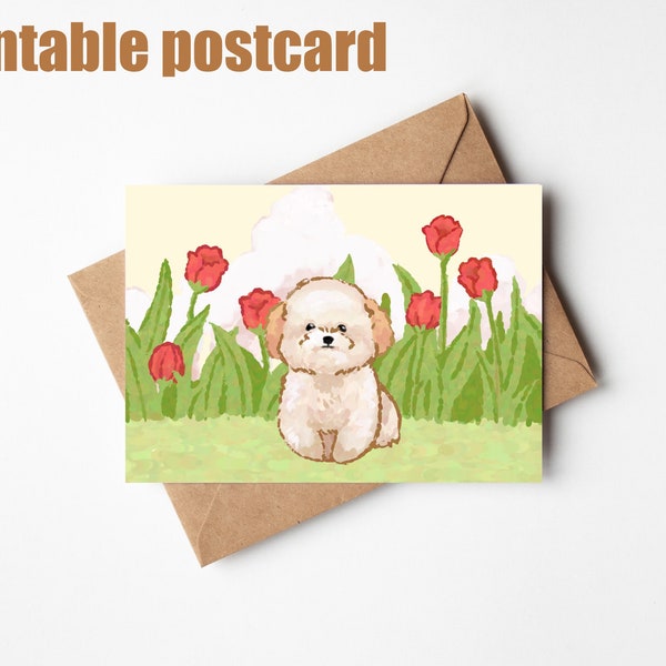 5x7 digital postcard, illustrated card, digital download, character postcard, cute animal illustration, Puppy, Dog, Tulip, flower