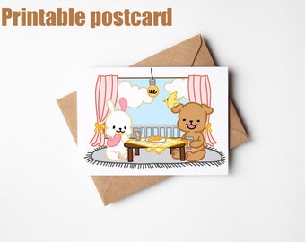 Carte postale numérique 5x7, carte illustrée, téléchargement numérique, carte postale de personnage, illustration animale mignonne qui chien, lapin.