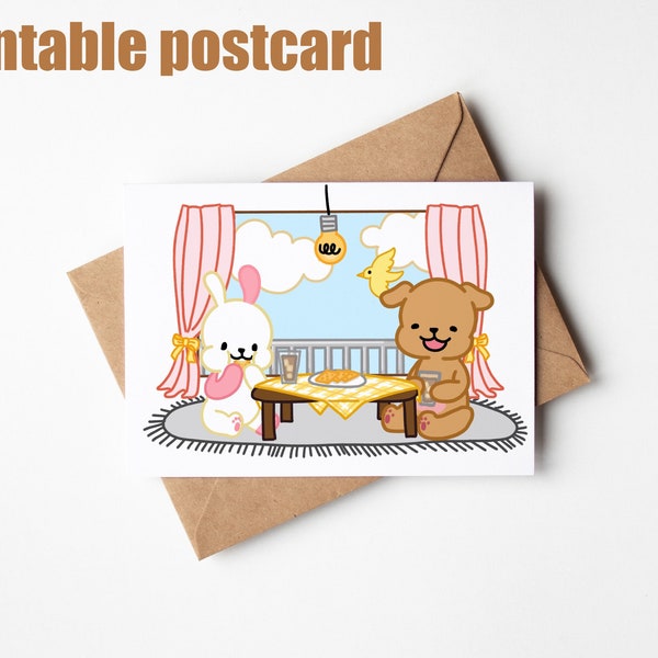 5x7 digital postcard, illustrated card, digital download, character postcard, cute animal illustration which dog, rabbit.