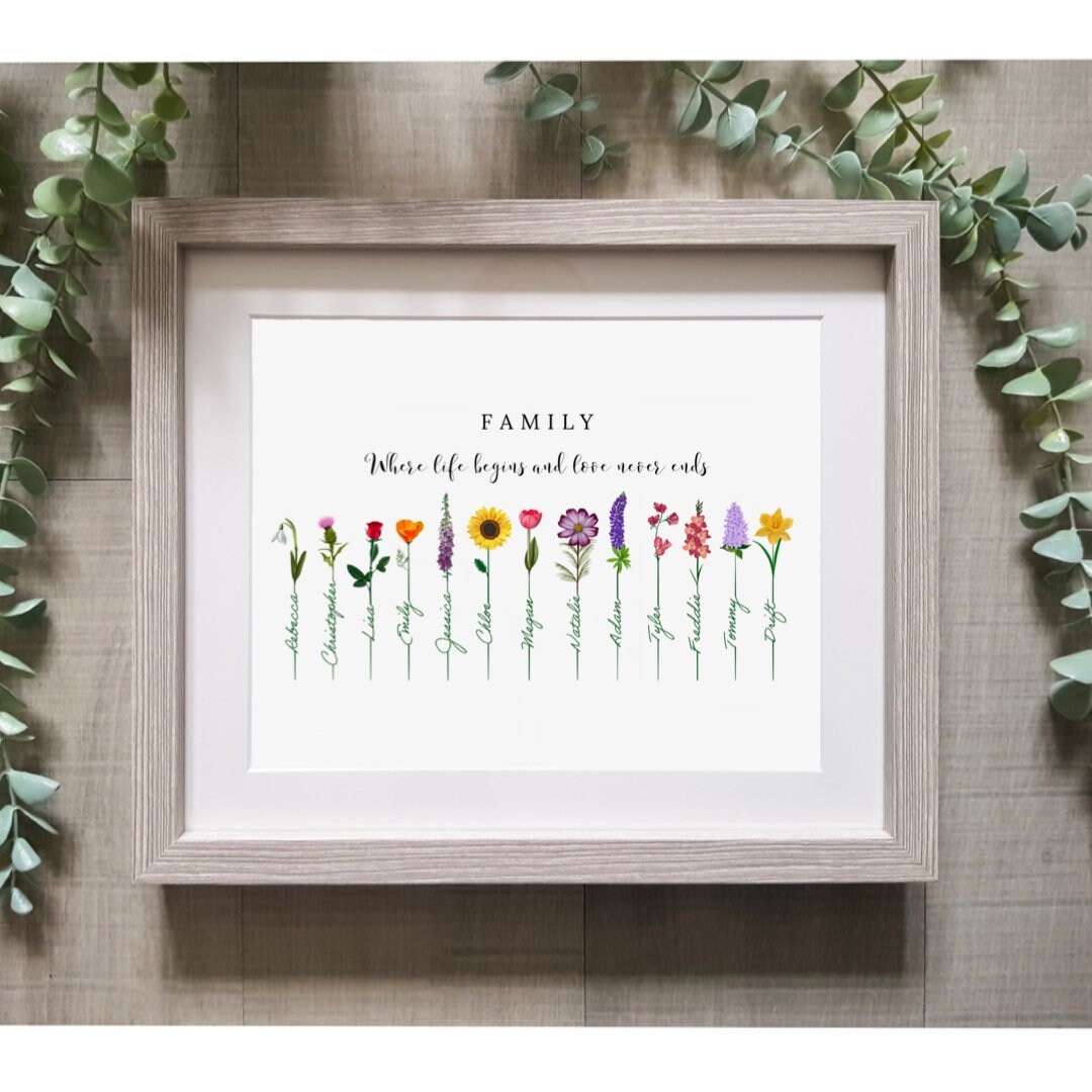 Personalised Gift for Mums Birthday, Personalised Family Birth Flower