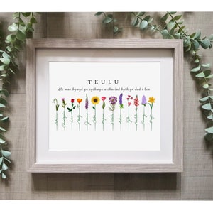 Personalised Welsh Family Flower Print with names, Printiau Cymraeg teulu gyda enw, Anrheg Penblwudd I Fam, Family Where life begins quote