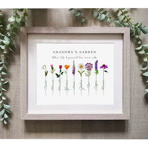 Grandmas Garden Personalised Family Print, Birth Flowers, Present for Grandparents from Grandchildren, Sentimental Present for Grandma