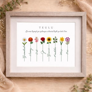 Personalised Welsh Family Flower Print with names, Printiau Cymraeg teulu gyda enw, Anrheg Penblwudd I Fam, Family Where life begins quote