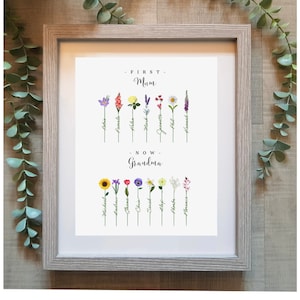 First Mum Now Grandma Personalised Flower Print, Family Birth Month Art for Mothers Day, Sentimental gift for Grandparents, Present for Her