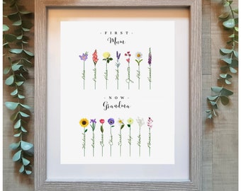 First Mum Now Grandma Personalised Flower Print, Family Birth Month Art for Mothers Day, Sentimental gift for Grandparents, Present for Her