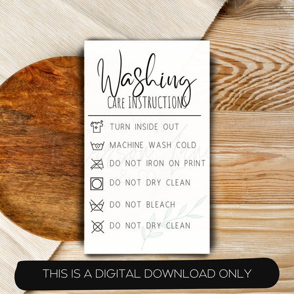 Printable Washing Instructions Card | PDF PNG Washing Care Card | Small Business Wash Tag |Tshirt Wash Instructions | Digital Card Template