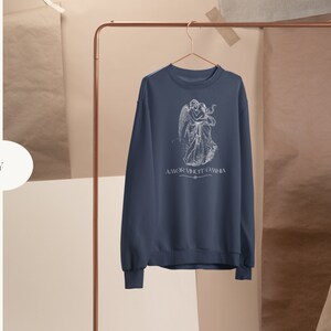 May include: Navy blue sweatshirt with a white graphic of two figures embracing and the text "AMOR VINCIT OMNIA".